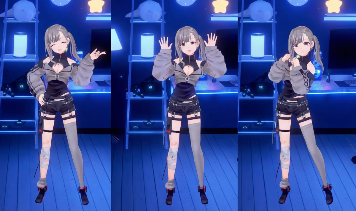 青い照明の部屋でポーズをとる3Dアニメキャラクター