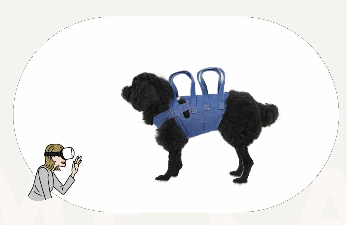 VRヘッドセットを装着した人物のイラストと、青い補助ハーネスを身につけた黒いプードル