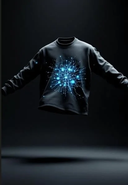 黒い服,長袖,スウェット,テクノロジー,ニューラルネットワーク,青い光,抽象デザイン,ダーク背景,浮遊,サイバー