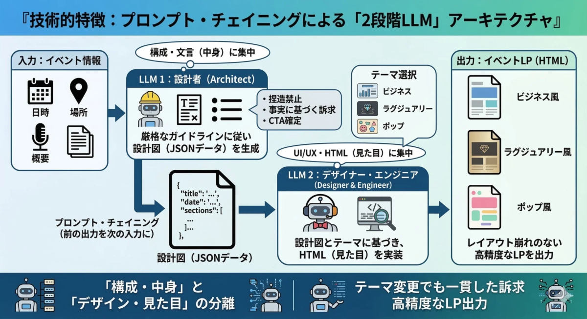 技術的特徴: プロンプト・チェイニングによる「2段階LLM」アーキテクチャ