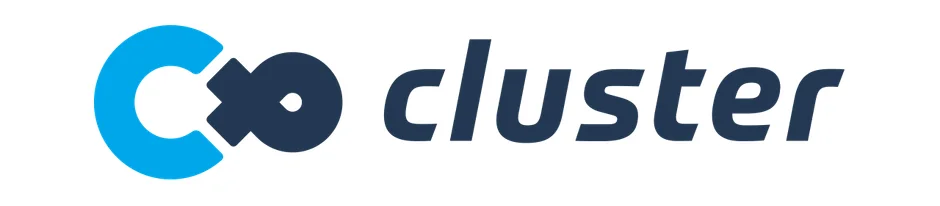 「cluster」という文字とアイコンが特徴的なロゴマークです。青色のC字型アイコンと、紺色の斜体で書かれた「cluster」の文字が白背景に配置されています。