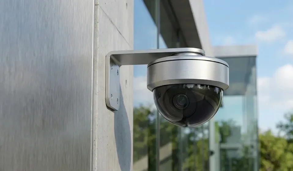 現代的な建物のコンクリート壁に設置された、銀色のドーム型防犯カメラのクローズアップ。背景にはガラス窓の建物、緑の木々、青空が広がり、セキュリティと監視の雰囲気を伝えています。