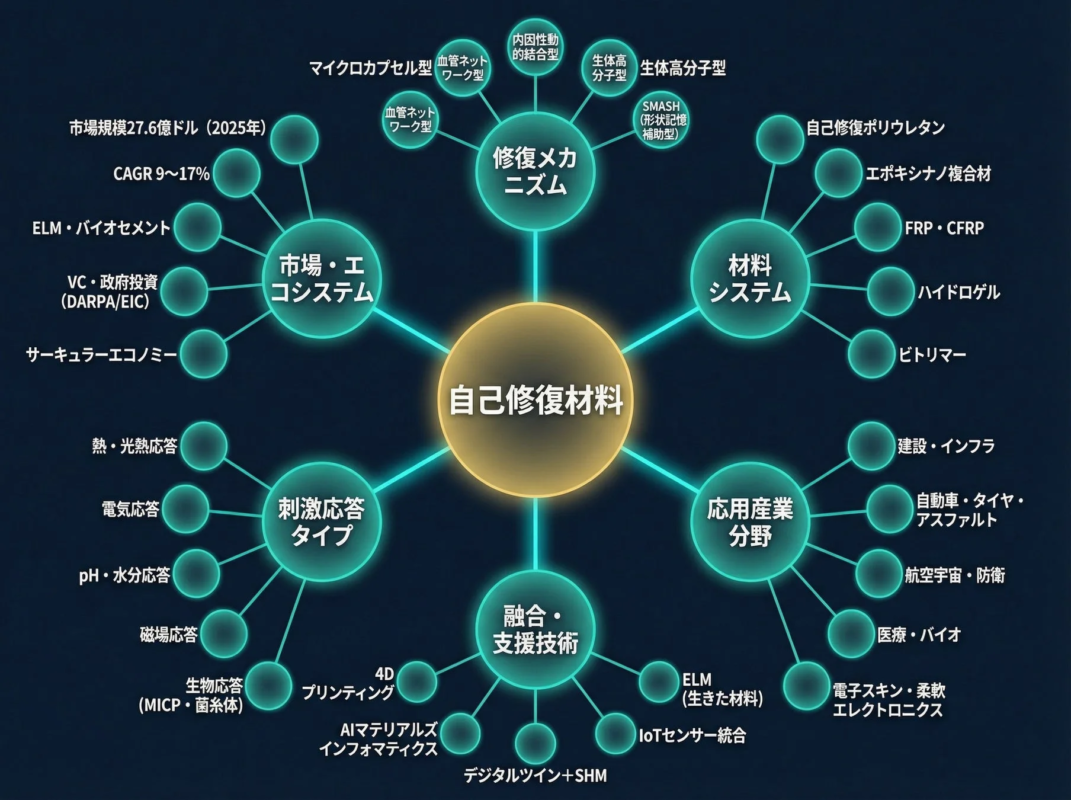 自己修復材料の市場、メカニズム、材料、刺激応答、融合技術、応用分野を網羅したマインドマップ