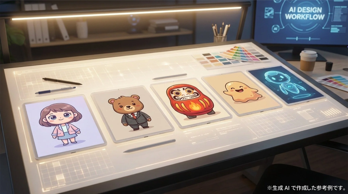 AIデザインワークフローを示すデスク上の様子。タブレットに可愛いキャラクターやダルマ、AIロボットのイラストが並べられ、デザイン作業の未来を描いています。