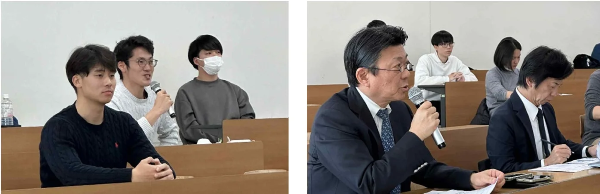 会議室のような場所で、複数の人々がセミナーまたは講演会に参加している様子。若者がマイクで話す場面と、スーツ姿の男性が講演する場面が捉えられており、参加者は熱心に耳を傾けている。