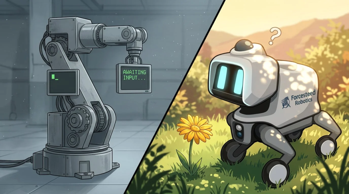 産業用ロボットと自然の中で花を見つめる小型ロボットが対比的に描かれたイメージ