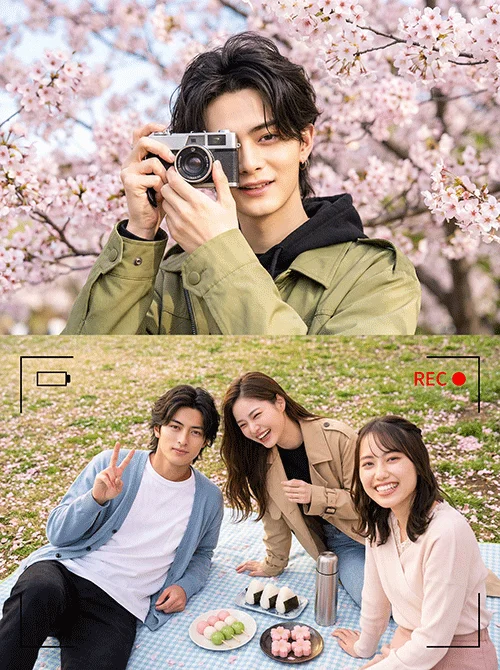 満開の桜の下、若者たちが春のピクニックを楽しむ様子。男性がカメラを構え、友人たちが笑顔で団子やおにぎりを囲んでいる、明るく楽しい雰囲気の画像。