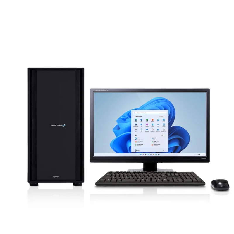 白い背景に、黒いデスクトップPC本体、モニター、キーボード、マウスが配置されたコンピューターセットアップの画像