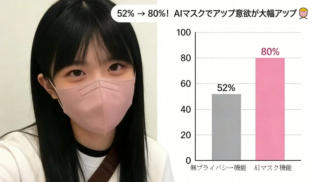 AIマスクを使用することで、ユーザーのアップロード意欲が52%から80%に大幅に向上することを示すグラフ