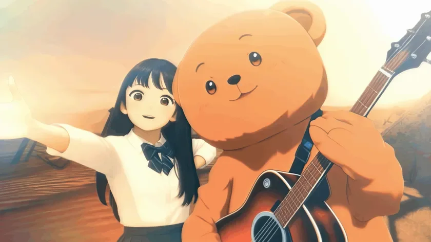 アニメ調の少女が笑顔で腕を伸ばし、その隣にはギターを抱えた愛らしいクマの着ぐるみが立っている。明るい背景で、楽しげな音楽イベントのような雰囲気が伝わる一枚。