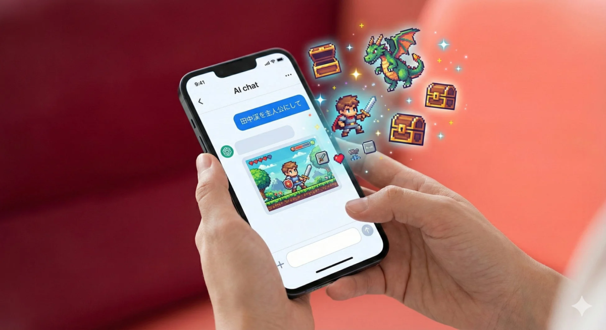 スマートフォンでAIチャットアプリを使用し、田中凌を主人公にしたゲーム画面が表示されている様子