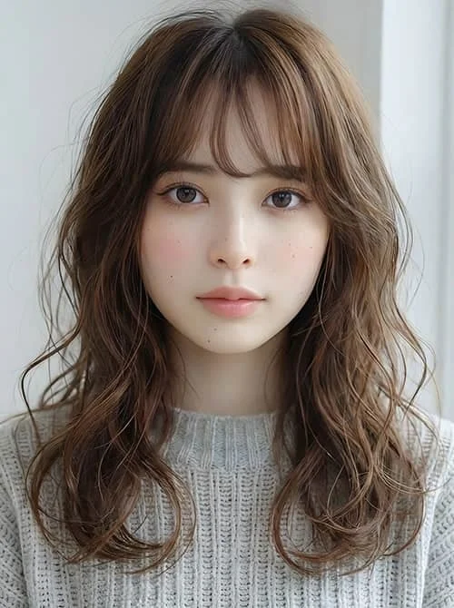 茶色のウェーブがかったロングヘアと前髪が特徴の女性がカメラを見つめているポートレートです。ナチュラルメイクとグレーのセーターを着用しており、全体的に柔らかく優しい印象を与えます。