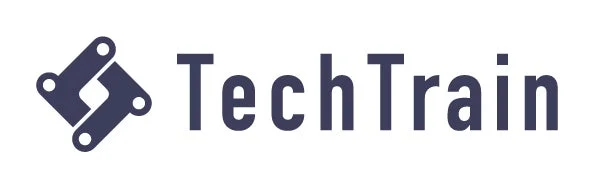 「TechTrain」というテキストと、連鎖するようなデザインのロゴマークが特徴的な企業ロゴです。濃い青色でシンプルに表現されています。