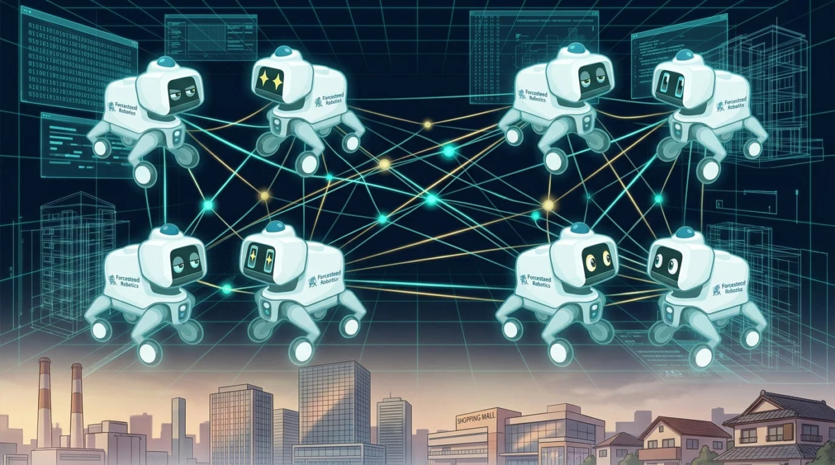 複数のロボットがネットワークで繋がり、データが飛び交うスマートシティの風景