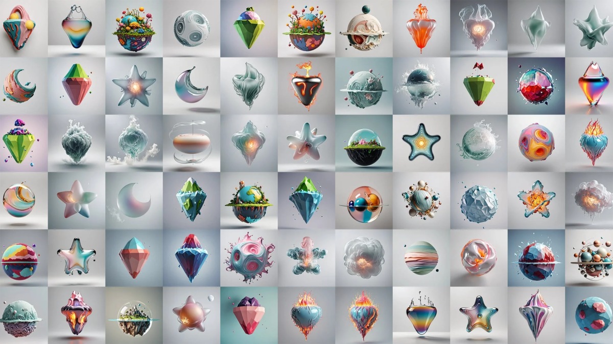 様々な抽象的な3Dオブジェクトがグリッド状に並べられた画像