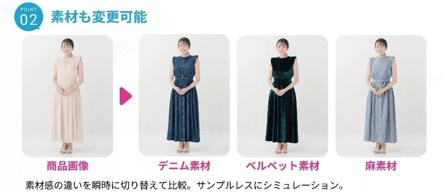 一人の女性がベージュ、デニム、ベルベット、麻の異なる素材のロングドレスを着用