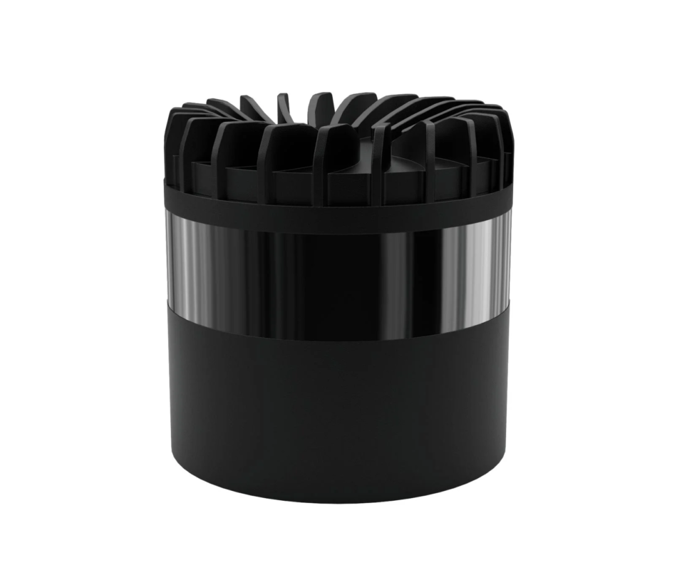 白い背景に置かれた、黒と銀色の筒状の電子機器の画像です。上部には冷却フィンと思われる構造があり、洗練された工業デザインが特徴です。