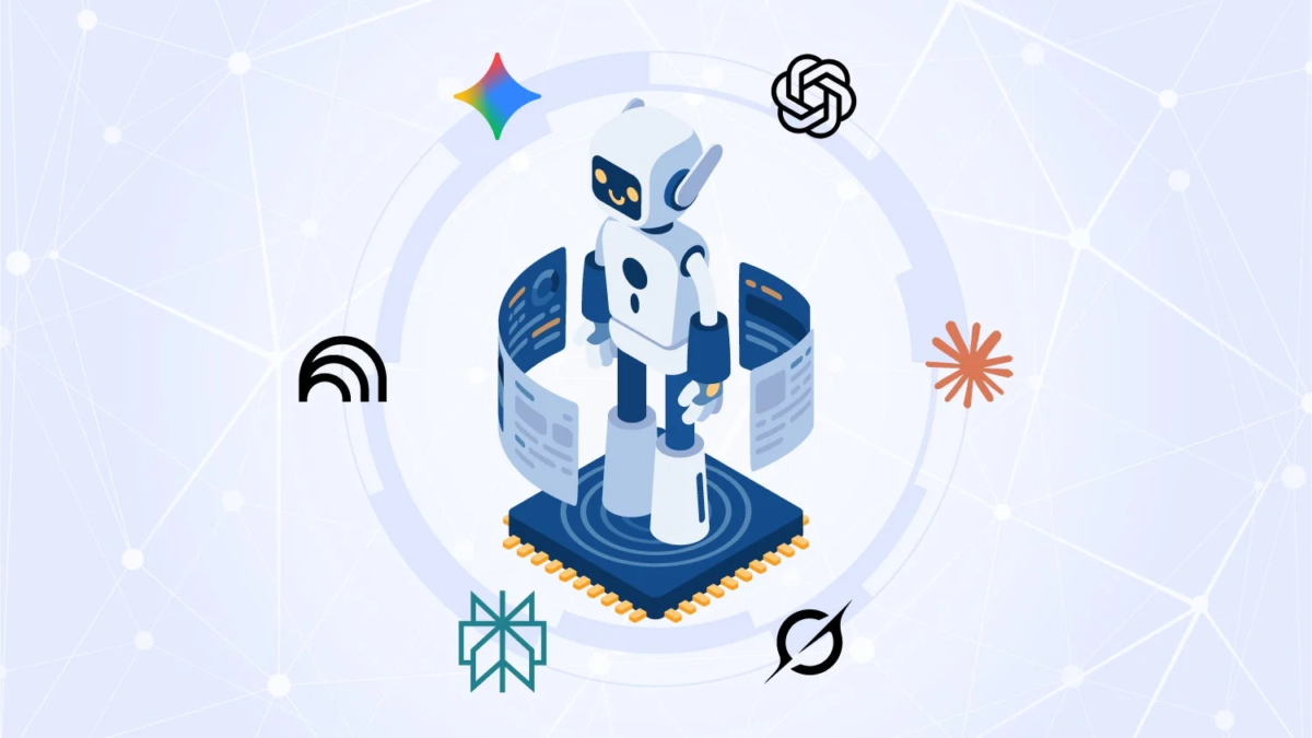 AIモデルのロゴが囲むロボットのイラスト