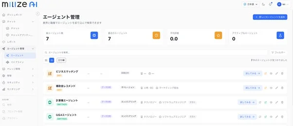 「milize AI」というサービスの「エージェント管理」画面です。