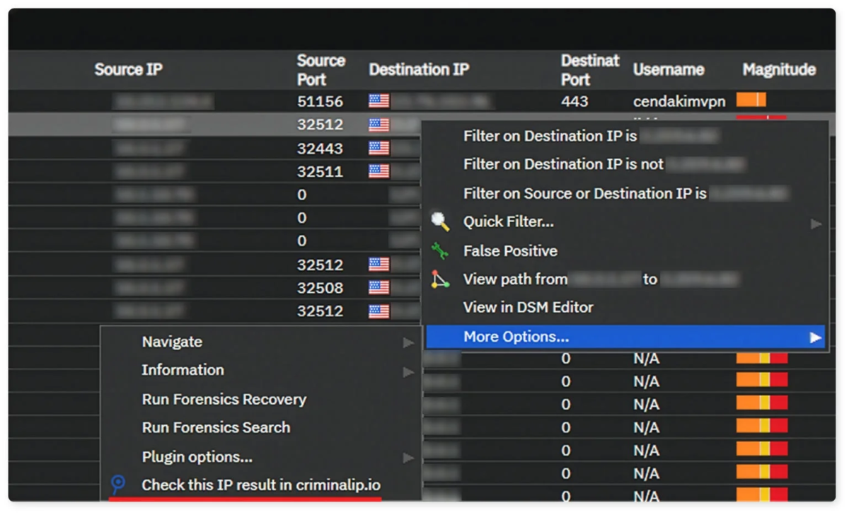 QRadarログ画面上のコンテキストメニュー