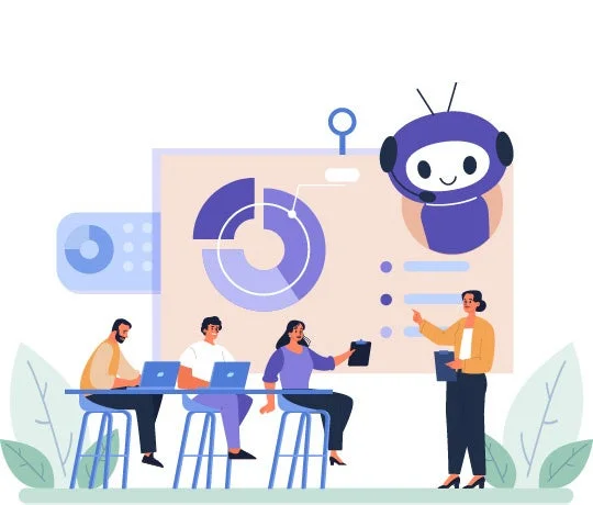 AIチャットボットとデータ分析のグラフが表示されたスクリーンを背景に、講師が聴衆にプレゼンテーションを行っています。