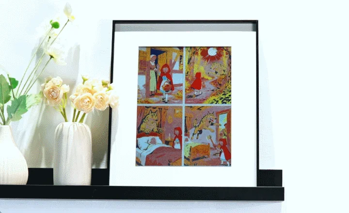 赤ずきんちゃんの物語が4つのコマで描かれた絵画