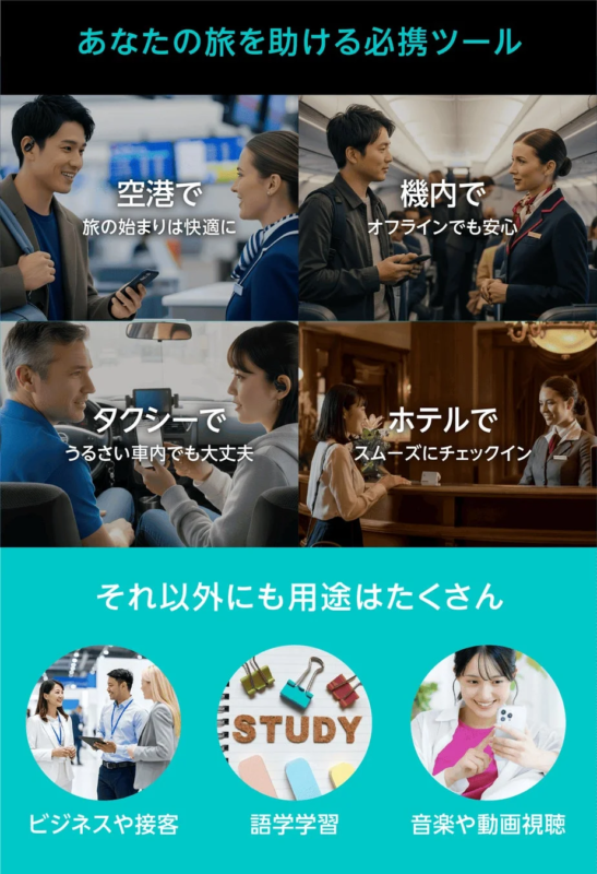 旅行中の様々なシーン（空港、機内、タクシー、ホテル）や、ビジネス、語学学習、音楽・動画視聴など多岐にわたる用途で役立つ必須ツールを紹介する画像です。