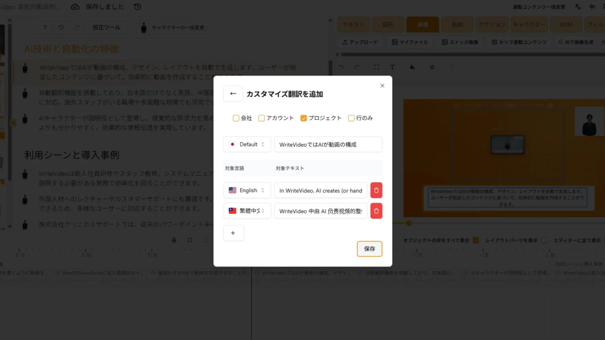 AIを活用した動画作成ツールのインターフェースを表示しており、特に「カスタム翻訳を追加」のポップアップウィンドウが中央に開いています。AI技術による自動動画生成や翻訳機能、AIキャラクターの活用法が説明されています。
