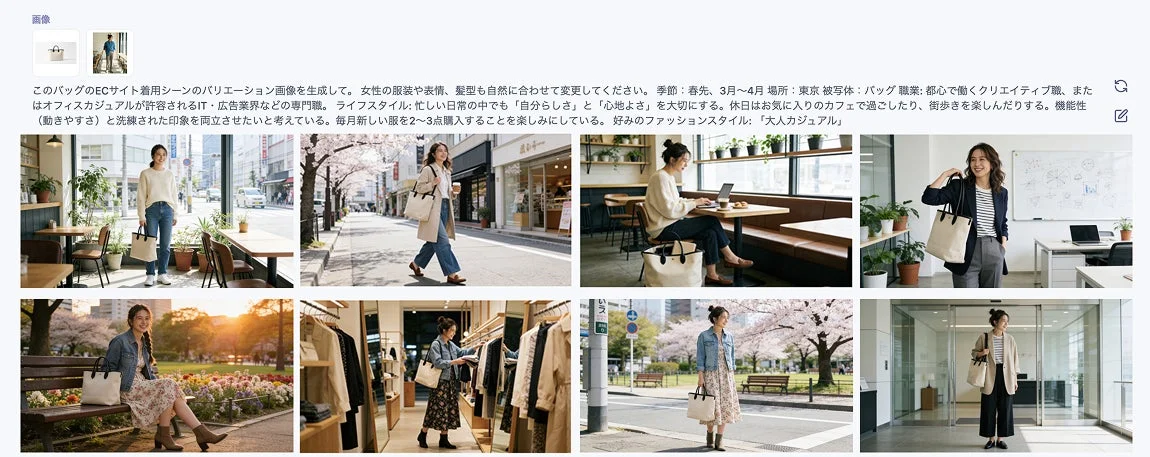 ECサイト向けバッグの着用シーンの生成例