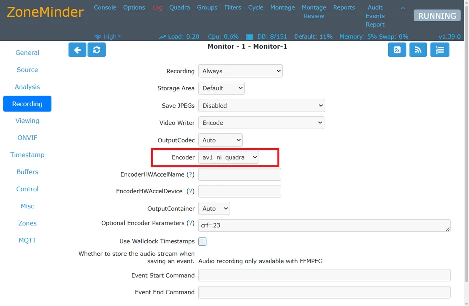ZoneMinderのウェブインターフェースにおける「Monitor - 1」の録画設定画面です。特に「Encoder」の項目が赤枠で強調されており、「av1_ni_quadra」が選択されている状態を示しています。録画、ストレージ、ビデオライター、出力コーデックなどの詳細設定が確認できます。