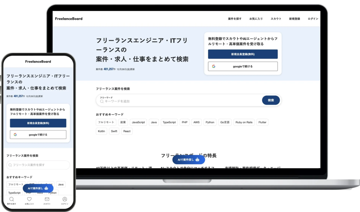 FreelanceBoard 案件を探す お気に入り スカウト 新規登録 ログイン フリーランスエンジニア・ITフリーランスの 案件・求人・仕事をまとめて検索 案件数 401,257件 12月26日(金)更新