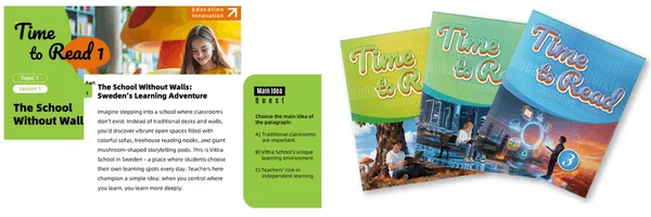 「Time to Read」という英語学習教材の表紙と、スウェーデンのVittraスクールに関する記事が写っています。Vittraスクールは、伝統的な教室がないユニークな学習環境を提供し、生徒が自由に学ぶ場所を選べる革新的な教育方法を採用しています。教材は1巻と3巻があり、教育の未来を示唆しています。