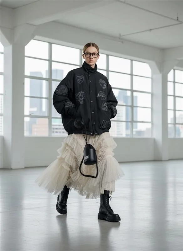 ファッション,女性,モデル,ジャケット,スカート,ブーツ,眼鏡,ミニバッグ,ストリートファッション,カジュアル,エレガント,ミックススタイル,屋内,窓,都市風景,黒,白,チュールスカート,ボンバージャケット
