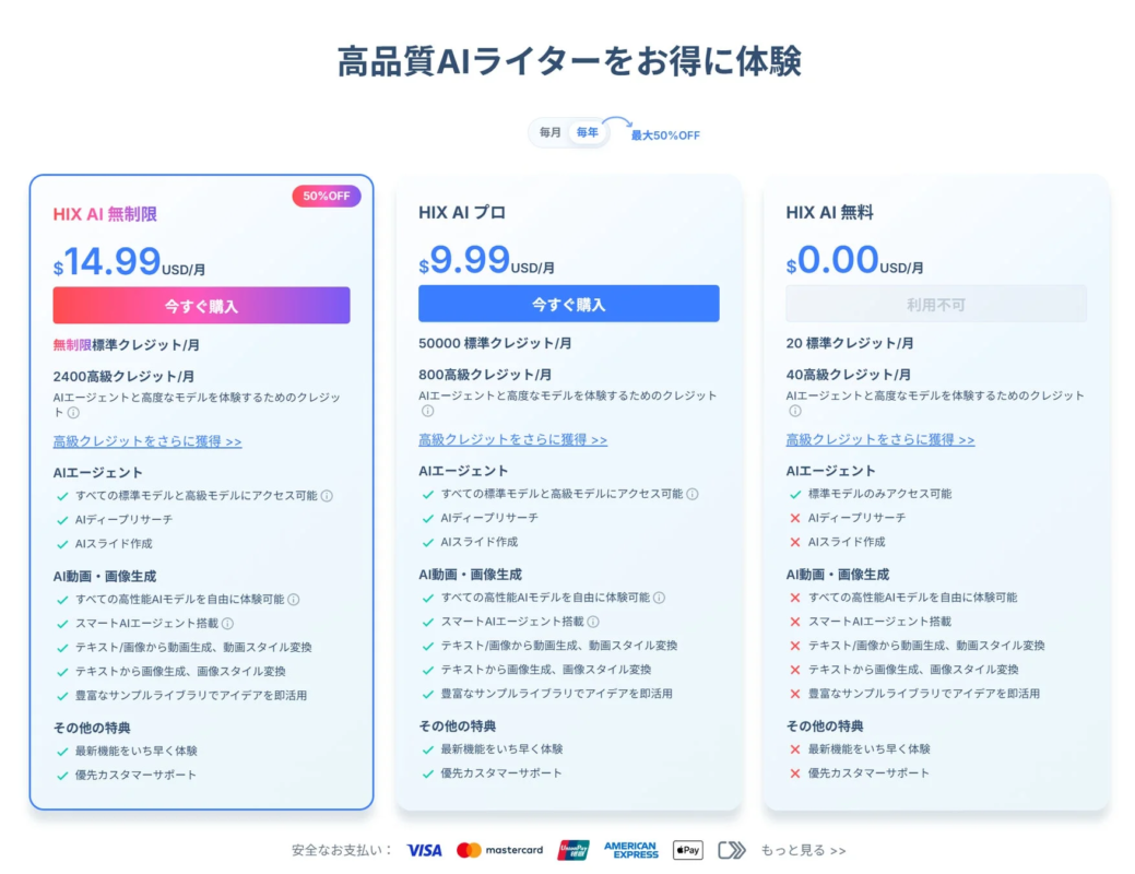 高品質AIライターをお得に体験 毎月 毎年 最大50%OFF HIX AI 無制限 50%OFF $14.99 USD/月 今すぐ購入 無制限標準クレジット/月 2400高級クレジット/月 AIエージェントと高度なモデルを体験するためのクレジット 高級クレジットをさらに獲得 >> AIエージェント ✓ すべての標準モデルと高級モデルにアクセス可能 ✓ AIディープリサーチ ✓ AIスライド作成 AI動画・画像生成 ✓ すべての高性能AIモデルを自由に体験可能 ✓ スマートAIエージェント搭載 ✓ テキスト/画像から動画生成、動画スタイル変換 ✓ テキストから画像生成、画像スタイル変換 ✓ 豊富なサンプルライブラリでアイデアを即活用 その他の特典 ✓ 最新機能をいち早く体験 ✓ 優先カスタマーサポート HIX AI プロ $9.99 USD/月 今すぐ購入 50000標準クレジット/月 800高級クレジット/月 AIエージェントと高度なモデルを体験するためのクレジット 高級クレジットをさらに獲得 >> AIエージェント ✓ すべての標準モデルと高級モデルにアクセス可能 ✓ AIディープリサーチ ✓ AIスライド作成 AI動画・画像生成 ✓ すべての高性能AIモデルを自由に体験可能 ✓ スマートAIエージェント搭載 ✓ テキスト/画像から動画生成、動画スタイル変換 ✓ テキストから画像生成、画像スタイル変換 ✓ 豊富なサンプルライブラリでアイデアを即活用 その他の特典 ✓ 最新機能をいち早く体験 ✓ 優先カスタマーサポート HIX AI 無料 $0.00 USD/月 利用不可 20標準クレジット/月 40高級クレジット/月 AIエージェントと高度なモデルを体験するためのクレジット 高級クレジットをさらに獲得 >> AIエージェント ✓ 標準モデルのみアクセス可能 ✕ AIディープリサーチ ✕ AIスライド作成 AI動画・画像生成 ✕ すべての高性能AIモデルを自由に体験可能 ✕ スマートAIエージェント搭載 ✕ テキスト/画像から動画生成、動画スタイル変換 ✕ テキストから画像生成、画像スタイル変換 ✕ 豊富なサンプルライブラリでアイデアを即活用 その他の特典 ✕ 最新機能をいち早く体験 ✕ 優先カスタマーサポート 安全なお支払い: VISA mastercard UnionPay 銀聯 AMERICAN EXPRESS Pay もっと見る >>