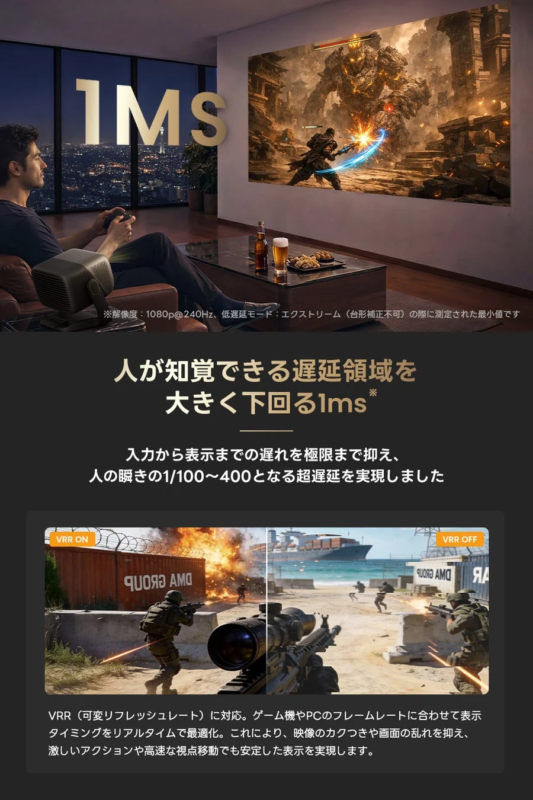 1ms低遅延ゲームモードとVRR対応