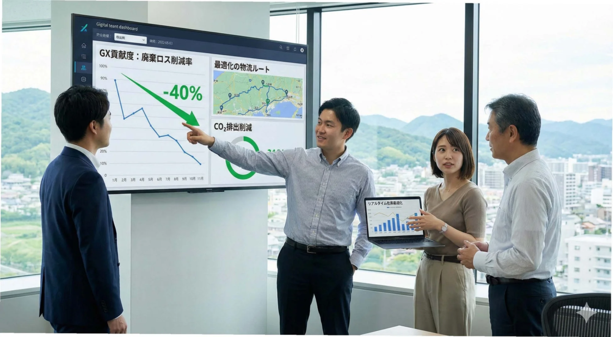 データダッシュボードを見ながら会議をするビジネスパーソン