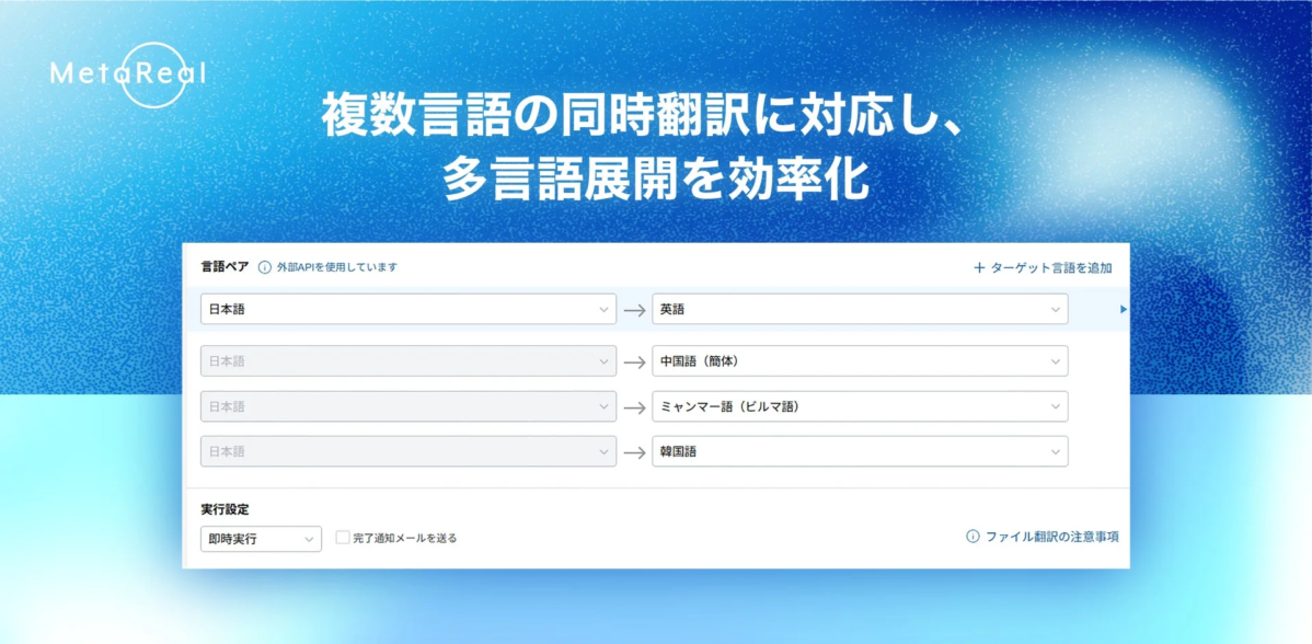 MetaRealという翻訳サービスのUIが表示されており、日本語から英語、中国語、ミャンマー語、韓国語への複数言語同時翻訳に対応し、多言語展開を効率化する機能が示されています。