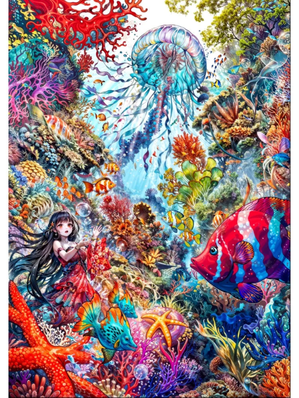 色鮮やかなサンゴ礁が広がる幻想的な海中世界で、大きなクラゲが優雅に漂い、様々な熱帯魚が泳ぎ回っています。赤いドレスを着た女性が泡に囲まれ、生命力あふれる美しいイラストです。