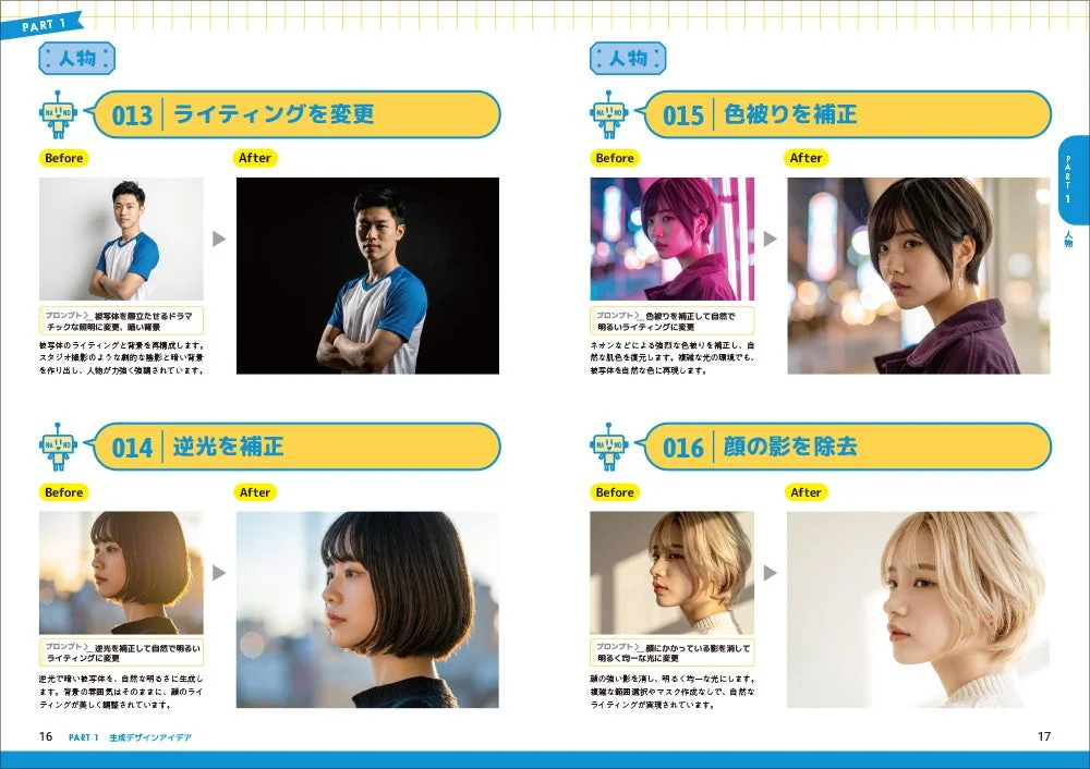 人物写真の編集技術を紹介。ライティング変更、逆光補正、色被り補正、顔の影除去のBefore/After例とプロンプト、解説を通じて、生成AIによる写真加工アイデアを説明しています。