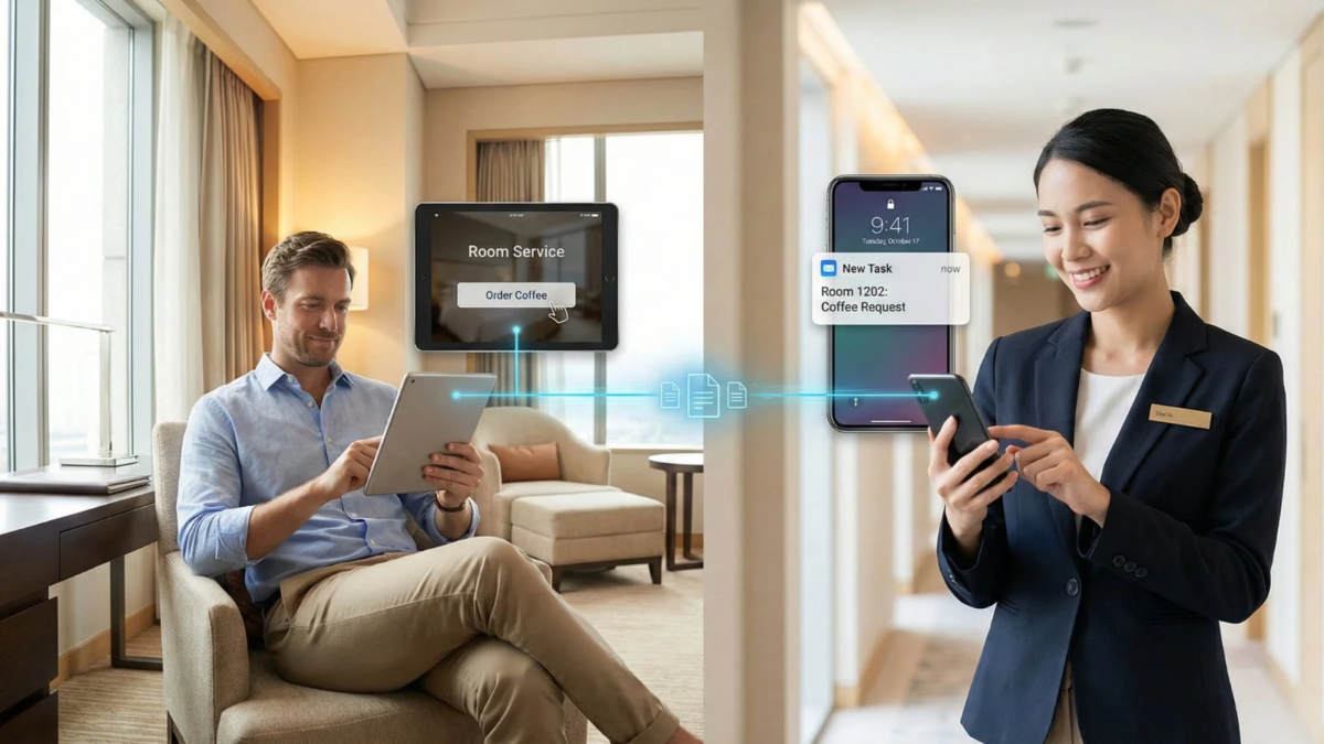 ホテル客室でタブレットを使ってルームサービスを注文するゲストと、そのリクエストをスマートフォンで受け取るホテルスタッフの様子。デジタル化されたサービス連携が描かれています。