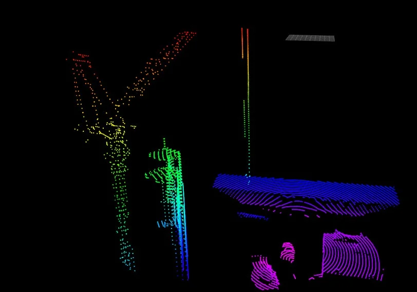 黒い背景に虹色のグラデーションで描かれた点群データ