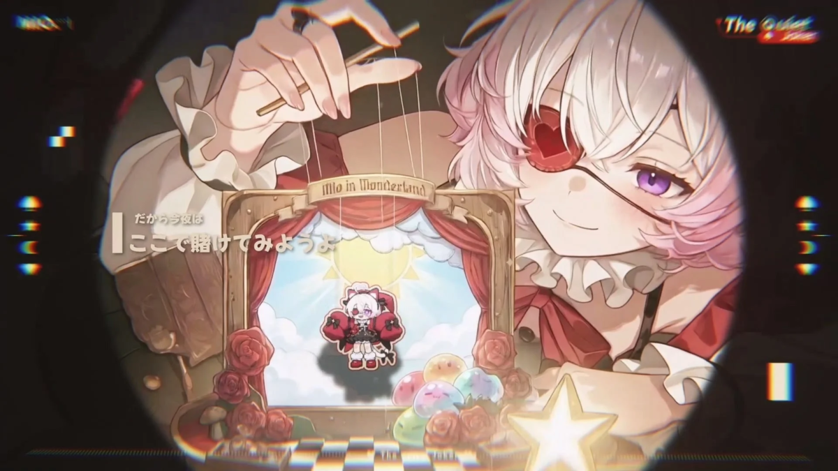 「Mio in Wonderland」と書かれた人形を操るピンク髪とハートの眼帯をしたアニメ調の少女のイラスト