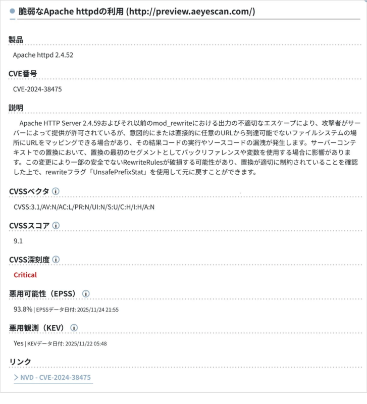 Apache HTTP Server 2.4.59以前のmod_rewriteにおける脆弱性(CVE-2024-38475)に関する情報。コード実行や情報漏洩の可能性があり、CVSSスコアは9.1で深刻度はCritical。
