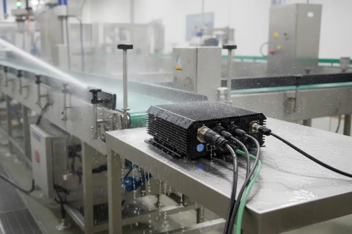 産業用PC、工場、生産ライン、コンベアベルト、防水、洗浄、電子機器、制御装置、ケーブル、ステンレス、厳しい環境、自動化