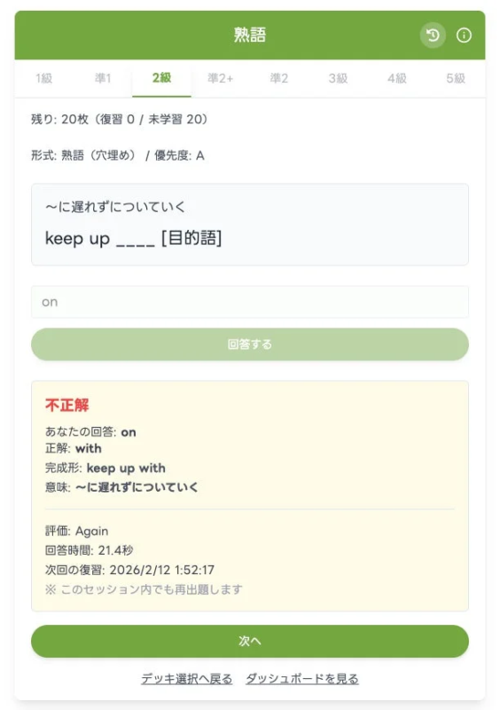 英語の熟語学習アプリの画面で、穴埋め問題「keep up ____ [目的語]」に対し「on」と誤答し、正解が「with」であることが表示されています。未学習の熟語カードが20枚残っており、不正解問題はセッション内で再出題されます。