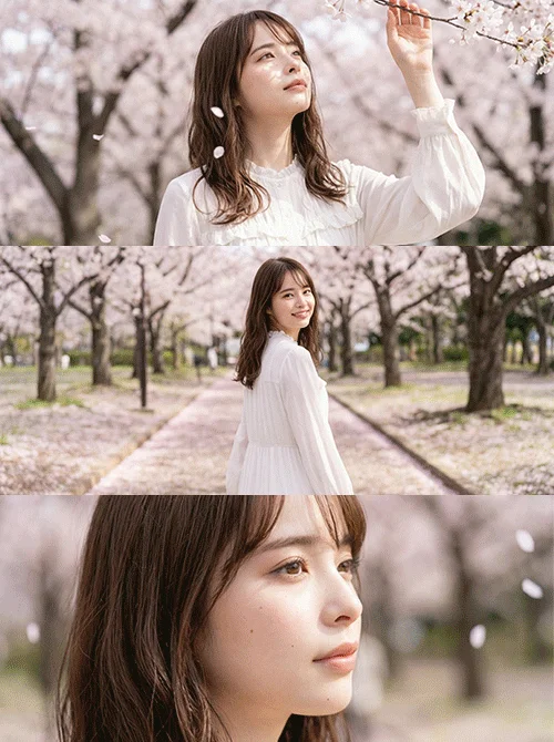 桜並木の下で、白いワンピースを着た女性が微笑んだり、花を見上げたりしている様子を捉えた3枚のポートレート写真です。春の穏やかな美しさを感じさせます。