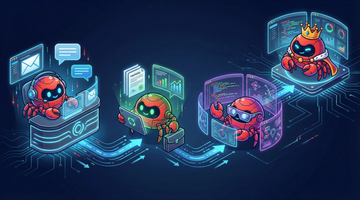 ロボットカニたちがビジネスプロセスをデジタル環境で実行しているイラスト