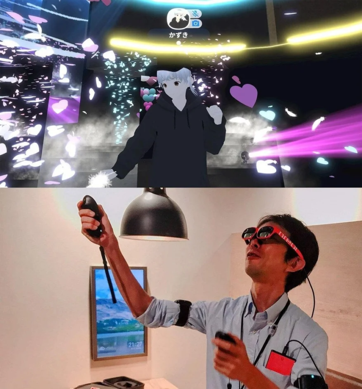 スマートグラスとVRコントローラーを操作する男性と、仮想空間でパフォーマンスするアバターが上下に配置された画像。現実世界とバーチャル空間が融合した新しいエンターテイメント体験を示している。