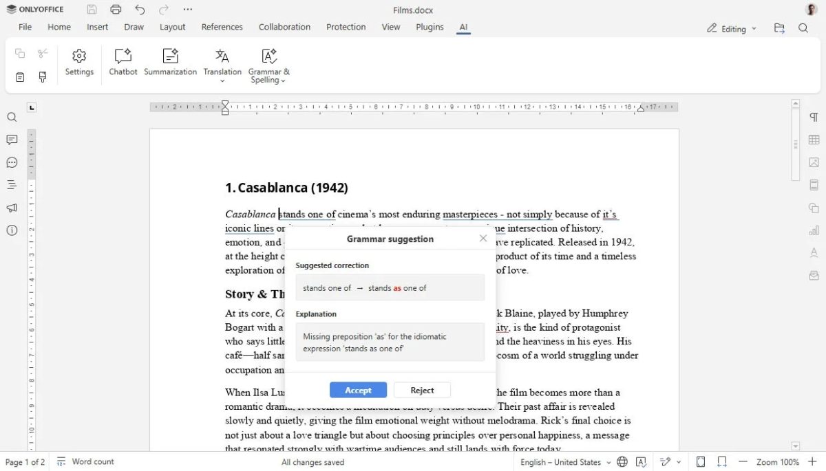 ONLYOFFICE Docs 文法チェック画面