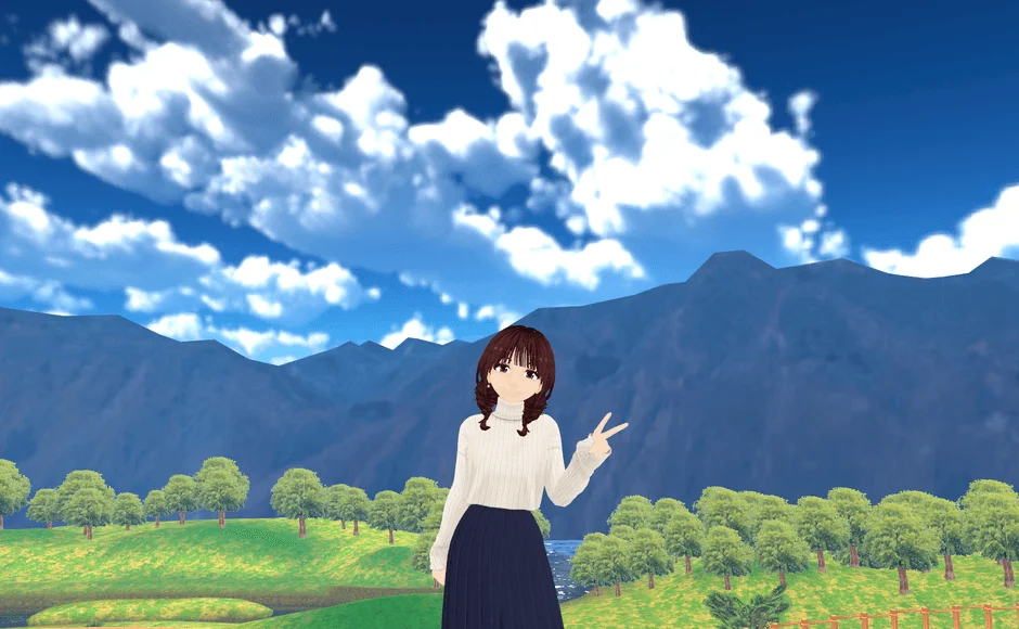 アニメ調の少女が自然の中でピースサイン